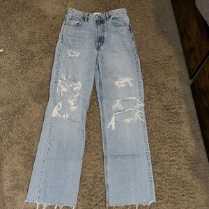 Zara Light Blue High Waisted wide legged Distressed Women Jeans